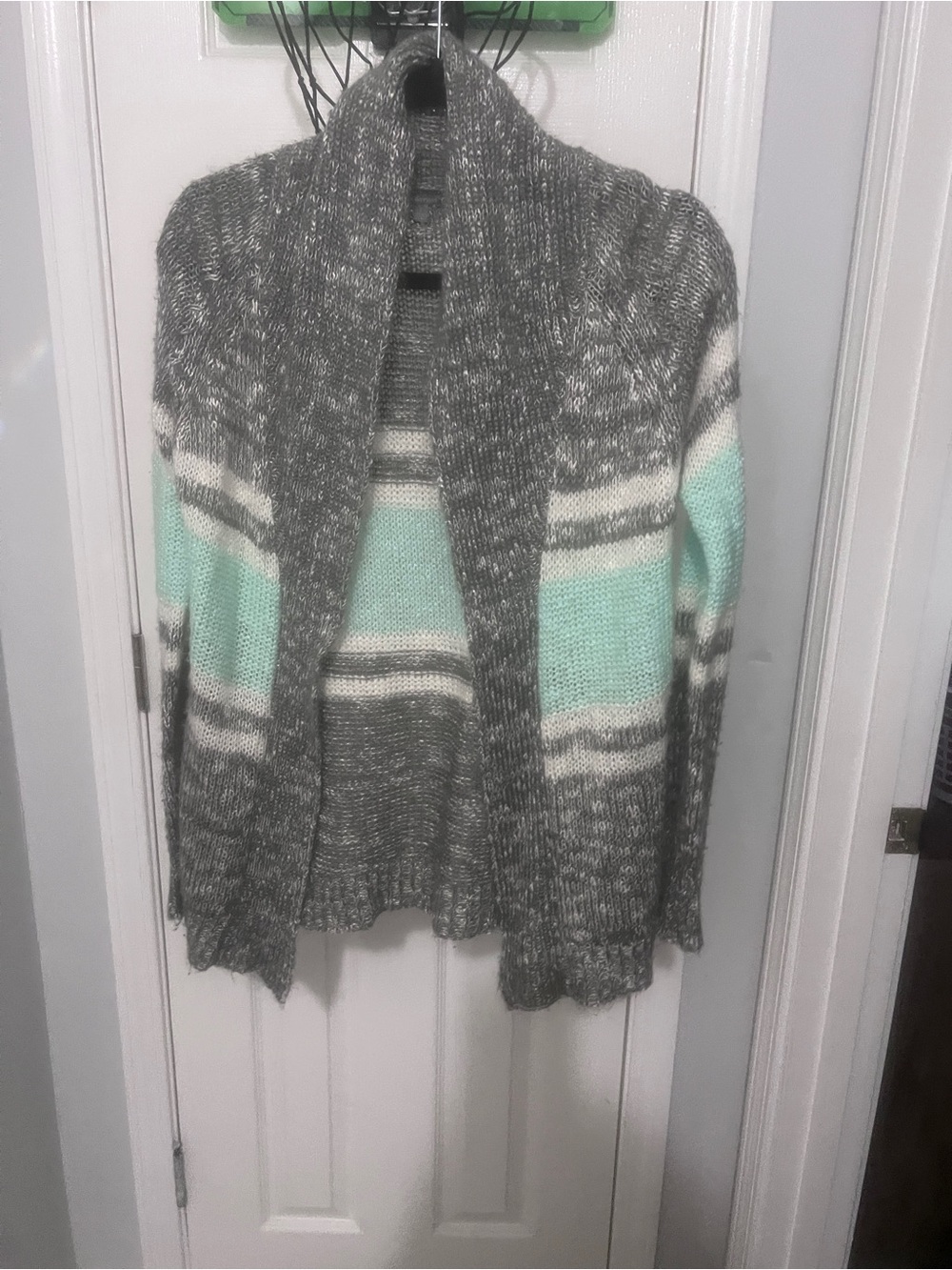 Charlotte Russe Gray & Mint Striped Open-Front Cardigan